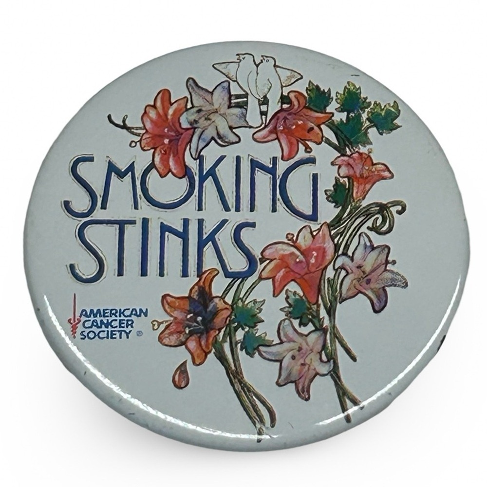 American Cancer Society Vintage Smoking Stinks Pinback Badge 2-1/4" Campaign